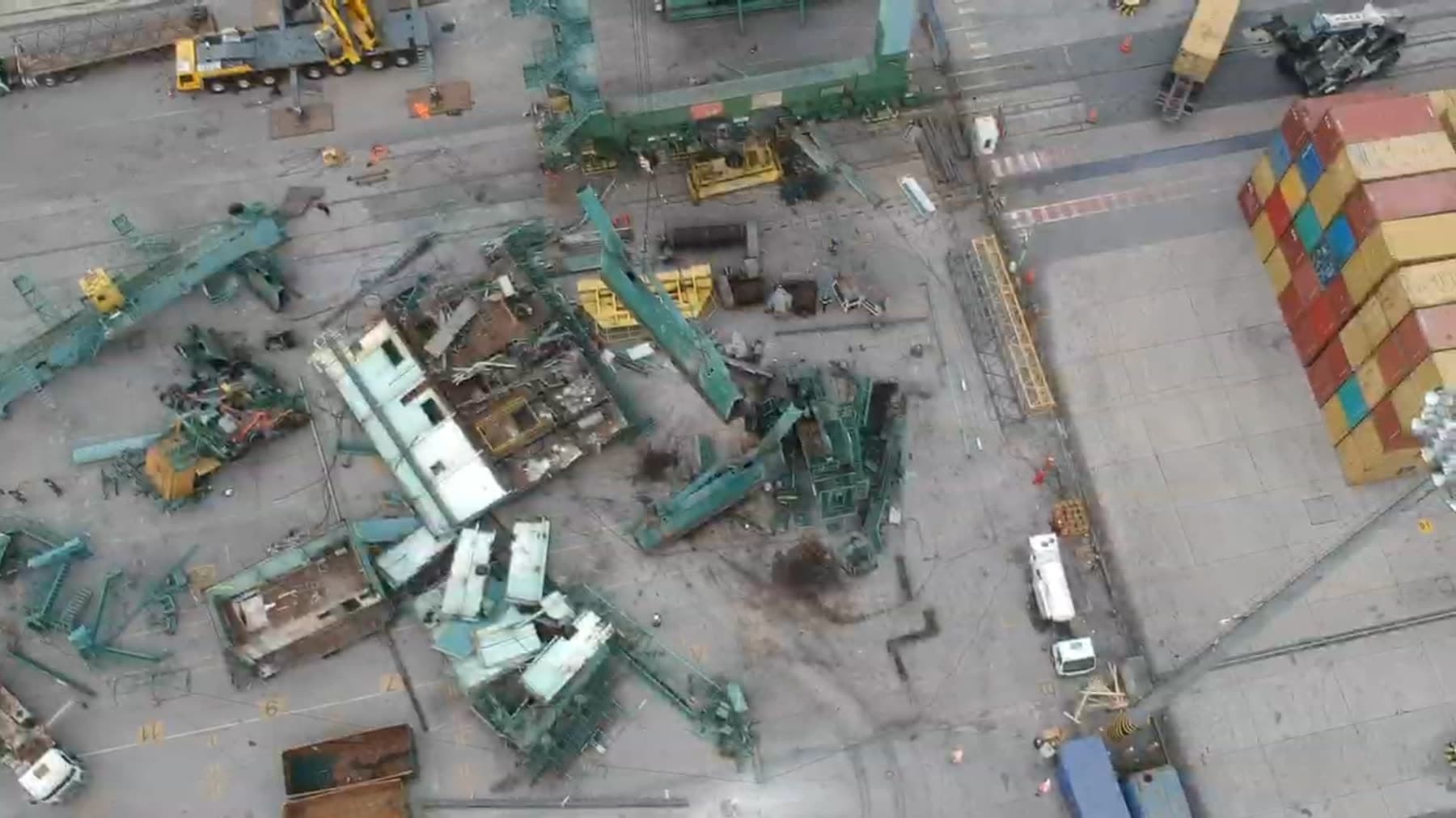 Aerial view of the crane cut into sections in the terminal yard